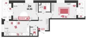 2-к квартира, вторичка, 67м2, 18/18 этаж