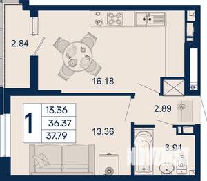 1-к квартира, вторичка, 38м2, 8/18 этаж