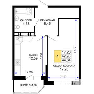 1-к квартира, строящийся дом, 45м2, 19/19 этаж