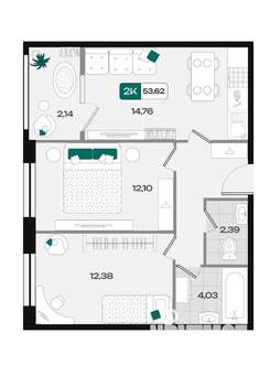 2-к квартира, вторичка, 54м2, 7/18 этаж