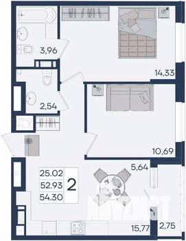 2-к квартира, вторичка, 54м2, 16/18 этаж