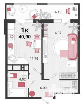 1-к квартира, вторичка, 41м2, 11/18 этаж