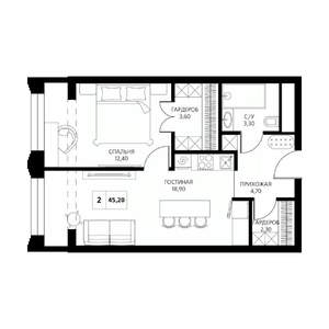 2-к квартира, строящийся дом, 45м2, 5/19 этаж