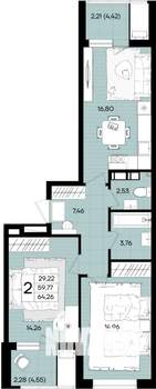 2-к квартира, вторичка, 64м2, 6/18 этаж