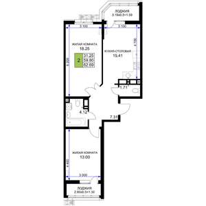 2-к квартира, вторичка, 63м2, 4/18 этаж