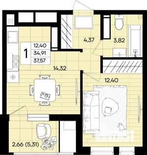 1-к квартира, вторичка, 38м2, 8/18 этаж
