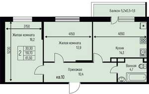 2-к квартира, вторичка, 61м2, 2/3 этаж