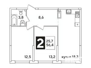 2-к квартира, вторичка, 56м2, 11/16 этаж
