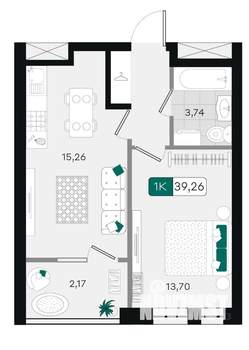 1-к квартира, вторичка, 39м2, 4/9 этаж