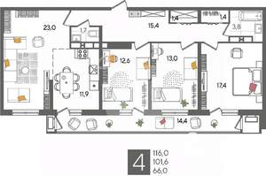 4-к квартира, вторичка, 116м2, 23/24 этаж