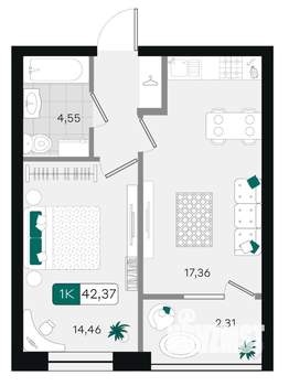 1-к квартира, вторичка, 42м2, 2/9 этаж