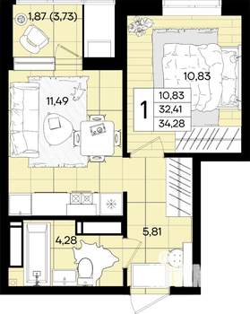 1-к квартира, вторичка, 34м2, 2/18 этаж