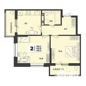 2-к квартира, строящийся дом, 48м2, 6/9 этаж