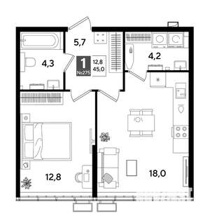 1-к квартира, строящийся дом, 45м2, 2/16 этаж