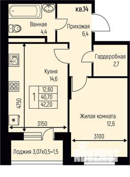1-к квартира, строящийся дом, 42м2, 3/3 этаж