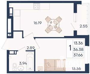 1-к квартира, вторичка, 38м2, 5/18 этаж