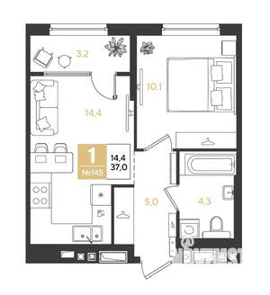 1-к квартира, строящийся дом, 37м2, 16/18 этаж