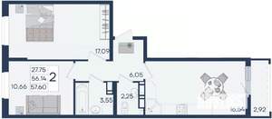 2-к квартира, вторичка, 58м2, 6/18 этаж