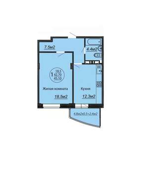 1-к квартира, вторичка, 45м2, 6/6 этаж