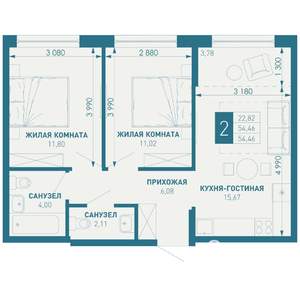 2-к квартира, строящийся дом, 54м2, 18/18 этаж