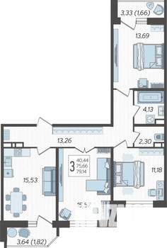 3-к квартира, строящийся дом, 81м2, 11/23 этаж