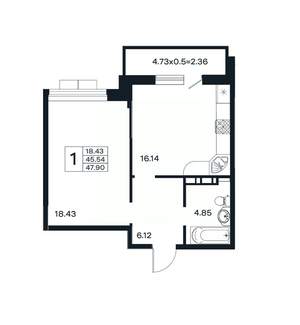 1-к квартира, вторичка, 48м2, 9/12 этаж