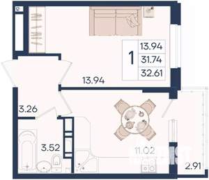 1-к квартира, вторичка, 33м2, 11/18 этаж