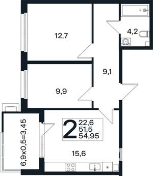 2-к квартира, вторичка, 55м2, 1/4 этаж