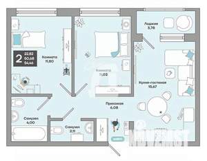 2-к квартира, вторичка, 55м2, 8/18 этаж