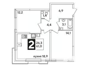 2-к квартира, вторичка, 61м2, 8/16 этаж