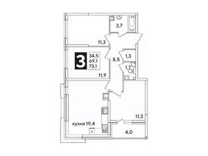 3-к квартира, вторичка, 73м2, 6/16 этаж