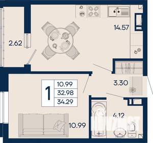 1-к квартира, вторичка, 34м2, 6/18 этаж