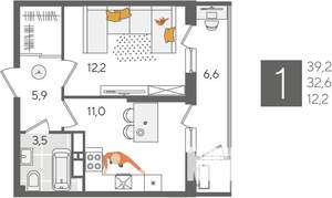 1-к квартира, строящийся дом, 39м2, 24/24 этаж