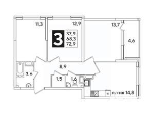 3-к квартира, вторичка, 72м2, 12/16 этаж