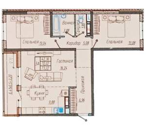 3-к квартира, сданный дом, 73м2, 6/9 этаж