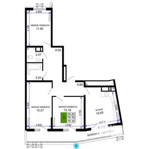 3-к квартира, вторичка, 79м2, 23/24 этаж