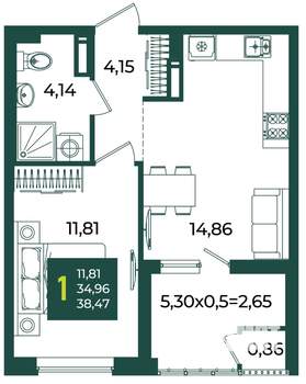 1-к квартира, вторичка, 38м2, 9/18 этаж