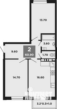 2-к квартира, вторичка, 61м2, 16/16 этаж