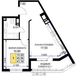 1-к квартира, вторичка, 43м2, 7/18 этаж