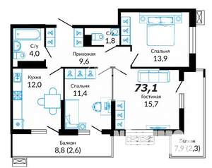 3-к квартира, вторичка, 73м2, 17/22 этаж