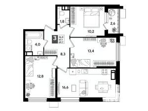 3-к квартира, строящийся дом, 70м2, 18/19 этаж