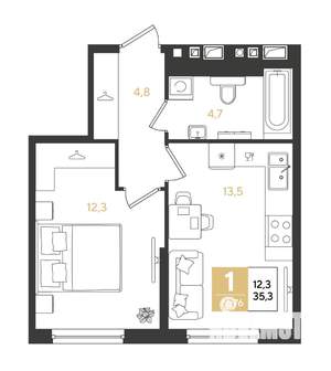 1-к квартира, строящийся дом, 35м2, 9/18 этаж