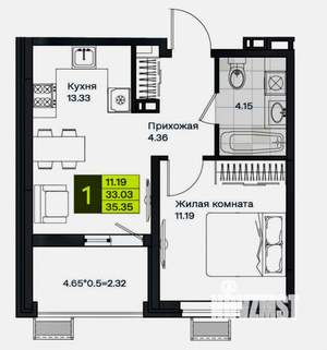 1-к квартира, вторичка, 35м2, 2/9 этаж