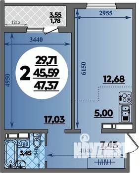 2-к квартира, строящийся дом, 47м2, 14/16 этаж