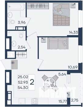 2-к квартира, вторичка, 54м2, 16/18 этаж