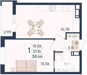 1-к квартира, вторичка, 39м2, 13/18 этаж