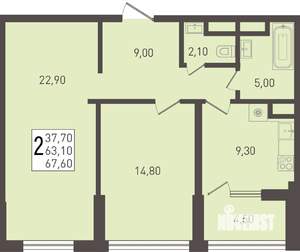 2-к квартира, вторичка, 68м2, 8/8 этаж