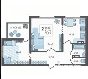 2-к квартира, вторичка, 60м2, 6/18 этаж