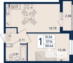 1-к квартира, вторичка, 39м2, 3/18 этаж