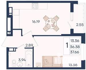 1-к квартира, вторичка, 38м2, 7/18 этаж